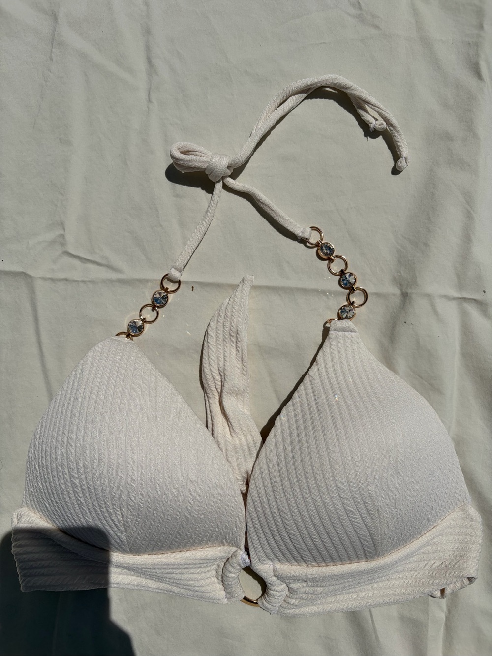White Ribbed Halter Bikini Top with Rhinestone Chain Accent